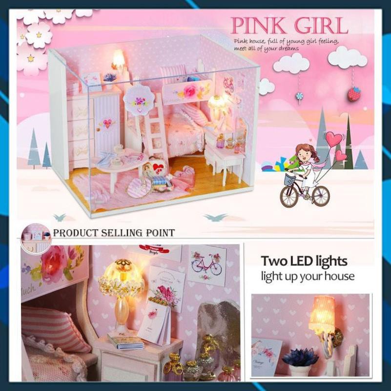 Mô hình nhà búp bê gỗ DIY Nhà búp bê có đèn PINK GIRL Toy World