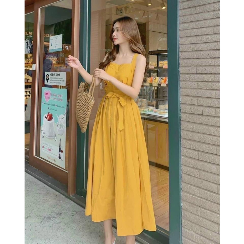 Đầm váy nữ dự tiệc maxi màu vàng 2 dây chéo lưng kèm băng đô đi biển xinh đẹp chất Lụa mềm mại