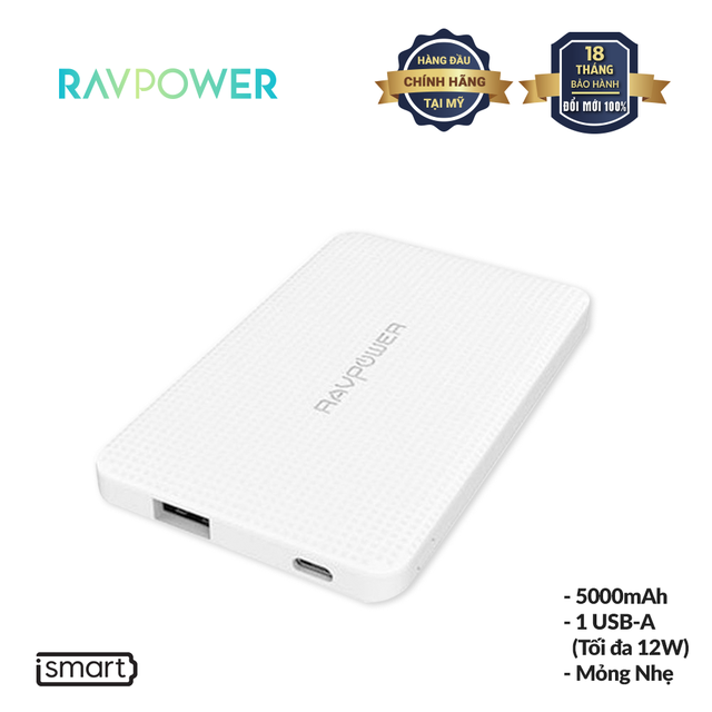 [Mã BMBAU50 giảm 7% đơn 99K] Pin Sạc Dự Phòng RAVPower 5000mAh Công nghệ iSmart, Thiết Kế Mỏng Nhẹ RP-PB093