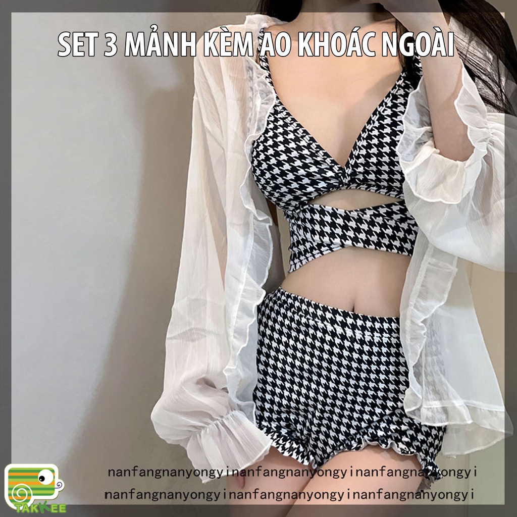 Đồ Bơi, Bikini 3 Mảnh Kèm Áo Khoác Ngoài Họa Tiêt Răng Sói Siêu Sang Hàng Quảng Châu Cao Cấp