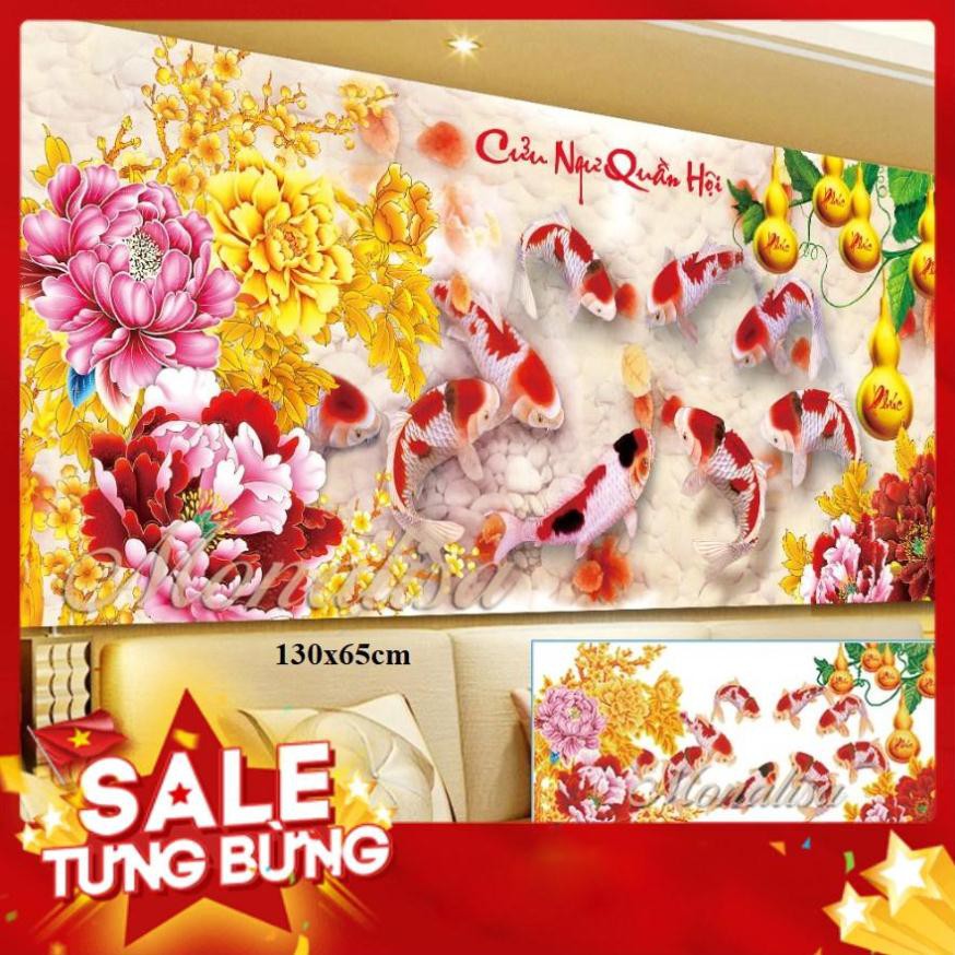 iii8267Tranh đính đá cửu ngư quần hội 130x65cm