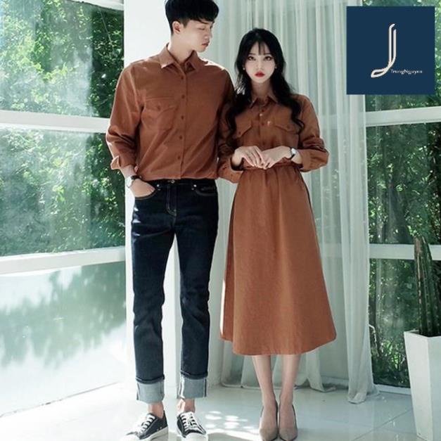 Áo váy đôi couple nam nữTrungNguyen Set váy nữ Áo sơ mi nam đẹp màu trắng và nâu Hàn Quốc thiết kế cao cấp AV192