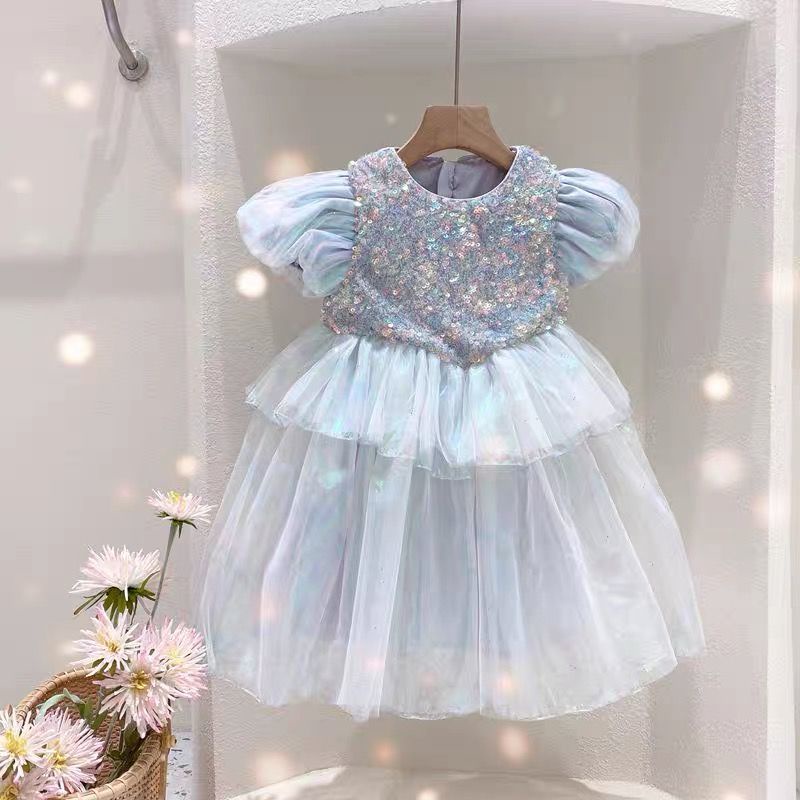 Đầm công chúa tay ngắn phối lưới đính kim sa màu gradient xinh xắn cho bé gái 4-11 tuổi