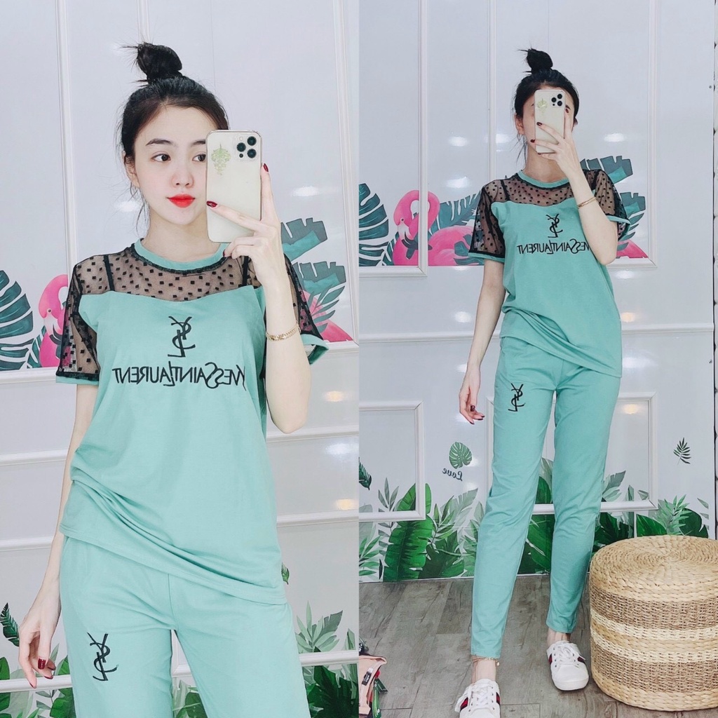 Đồ bộ nữ cổ lưới quần dài, bộ mặc nhà chất liệu cotton thoáng mát