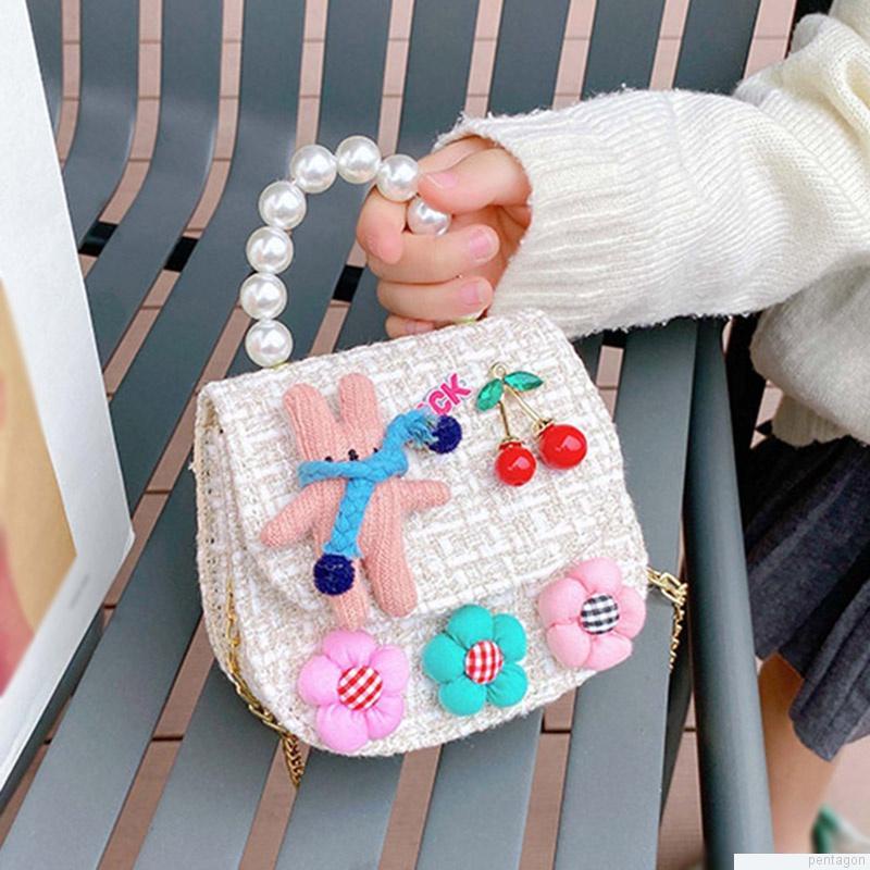 Túi xách đeo chéo vai dây xích đính hạt ngọc in hoạt hình đáng yêu cho bé gái