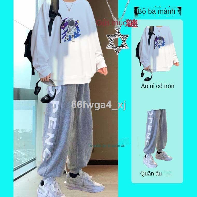 ◈✼♟olHN ☄Set đồ thu đông phiên bản hàn quốc mới hợp thời trang, nam sinh đẹp trai, áo len cổ tròn size lớn, quần tây pho