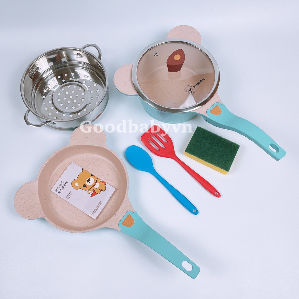 Bộ nồi chảo đá nấu ĂN DẶM chống dính cao cấp size 18 xuất hàn hình gấu cho bé Goodbabyvn