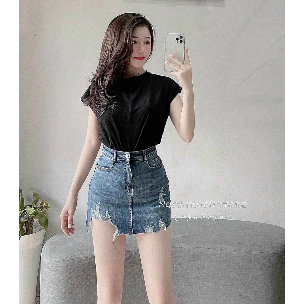 Chân váy jean co giãn lưng siêu cao