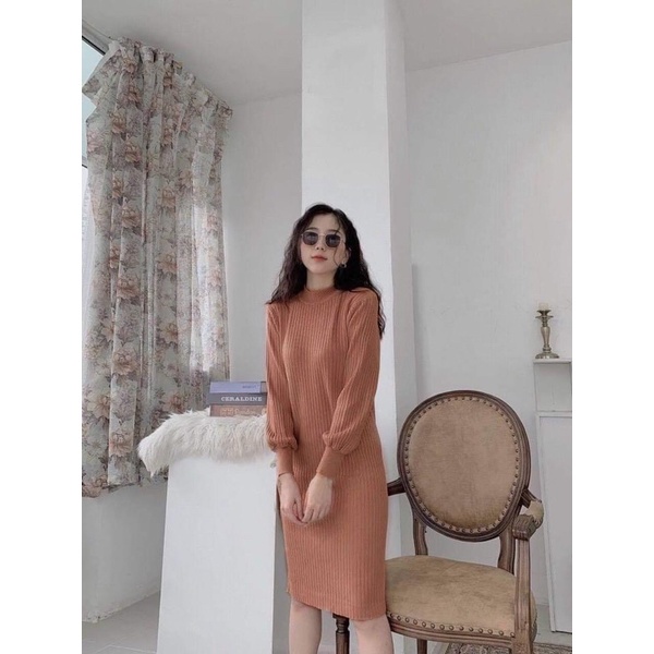 Váy len nữ tay bồng dáng xuông dài thời trang nhiều màu - Đầm len gân cổ tròn dáng dài quảng châu | BigBuy360 - bigbuy360.vn