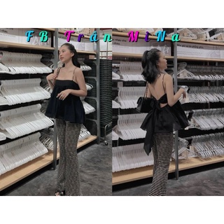 Set áo 2 dây babydoll đen phối quần sọc ống loe