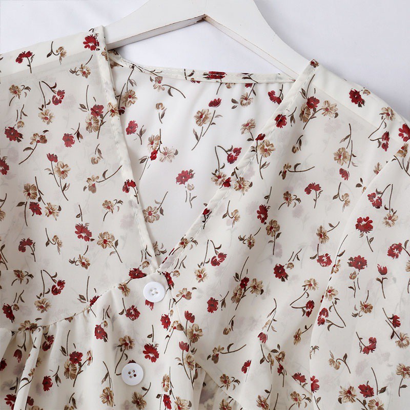 Áo Croptop Áo Kiểu Áo Cổ V Họa Tiết Hoa Dài Tay Chất Chiffon Dễ Thương Cho Nữ