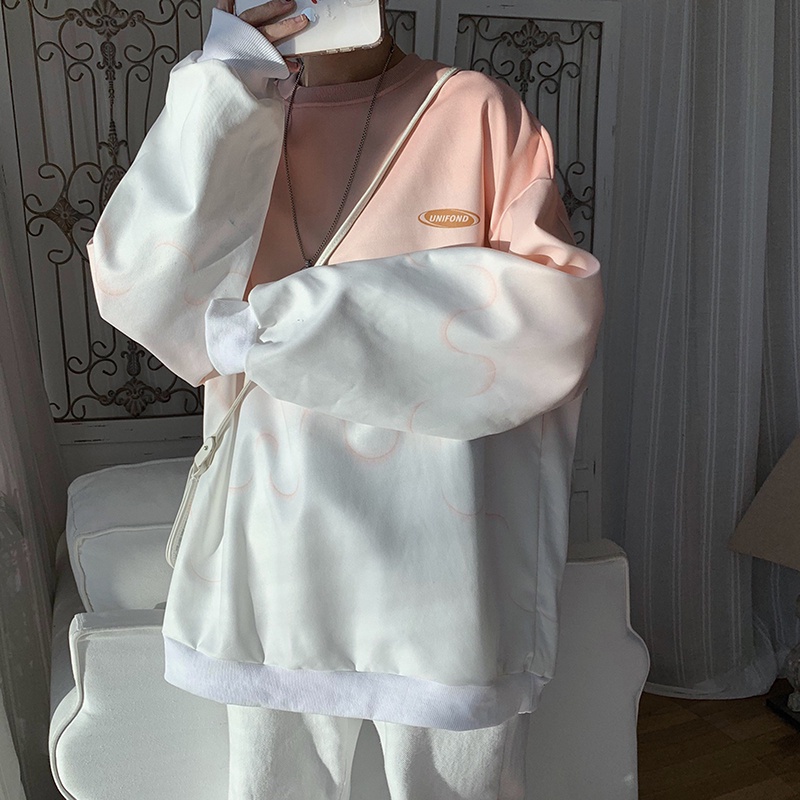 Áo thun tay dài cổ tròn dáng rộng bằng cotton màu sắc độc đáo thời trang xuân thu cho nam
