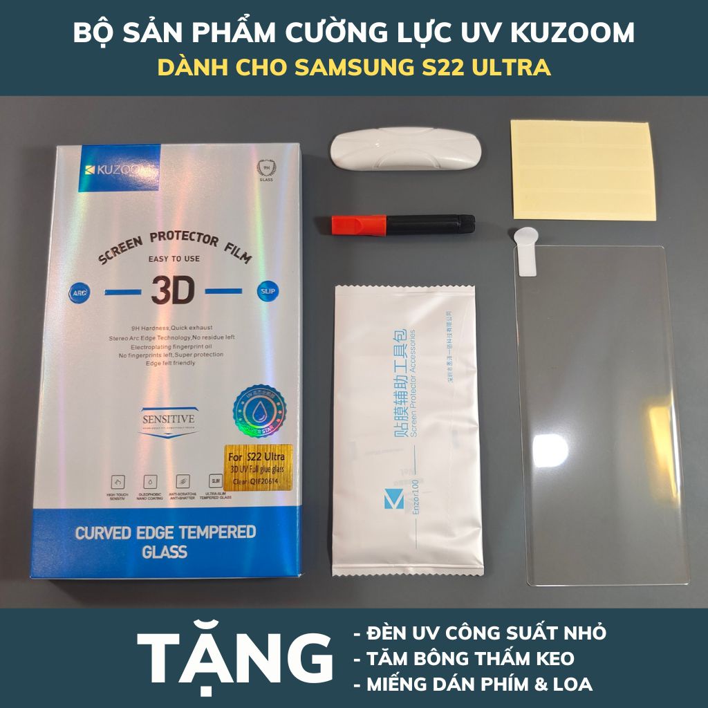 Samsung S22 Ultra 5G_Kính cường lực uv, uốn cong, vát cong 2,5d, dùng được spen, chính hãng kuzoom