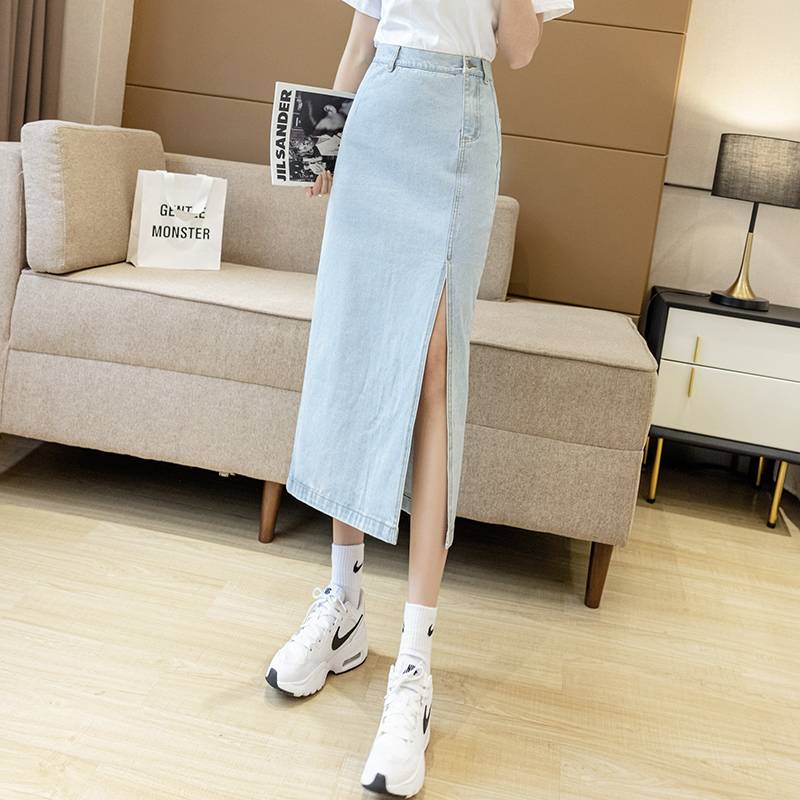 Chân Váy Denim Dáng Chữ A Lưng Cao Màu Xanh Nhạt Phong Cách Hàn Quốc | BigBuy360 - bigbuy360.vn