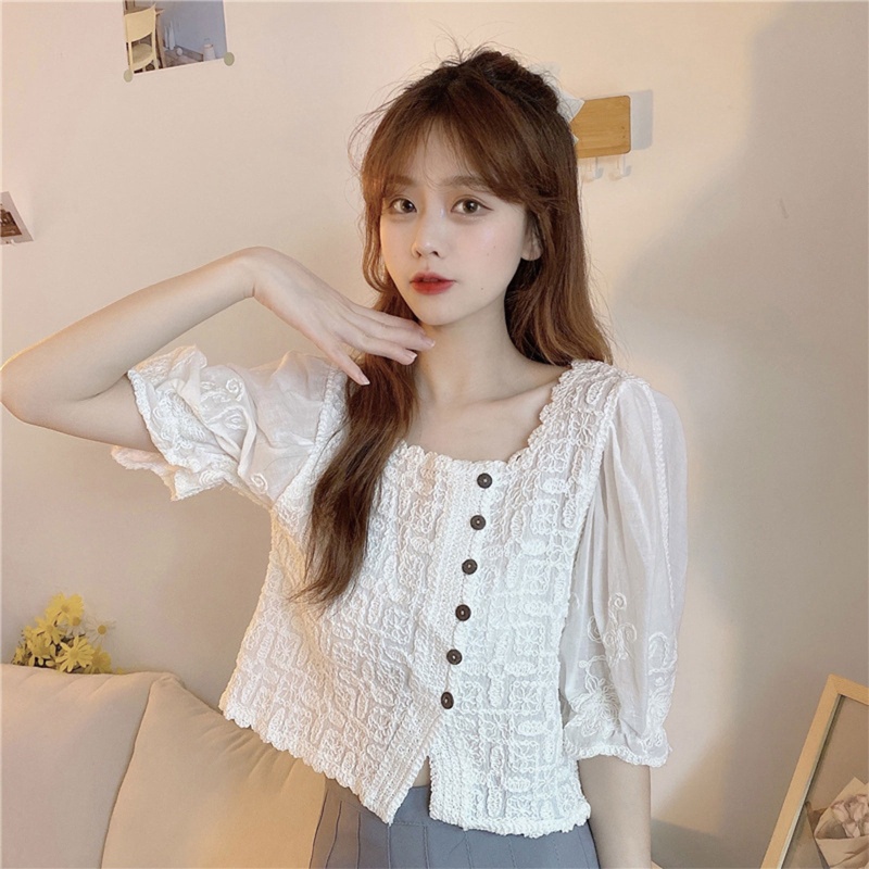 Áo Kiểu Cổ Vuông Tay Phồng Thêu Ren Phong Cách Pháp Ngọt Ngào Thời Trang Mùa Hè Cho Nữ