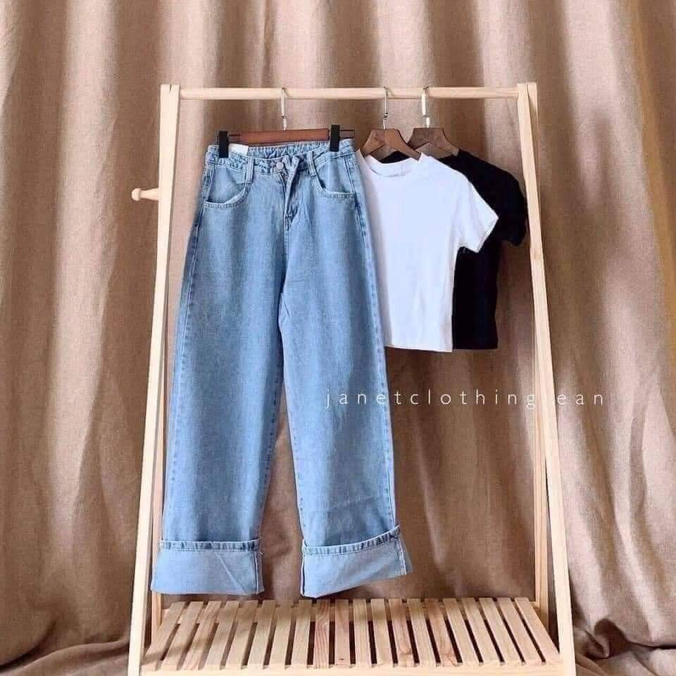 ￼Quần jeans ống suông rộng đen xám nữ phong cách Retro Ulzzang (Có size ) - Quần jean ống rộng