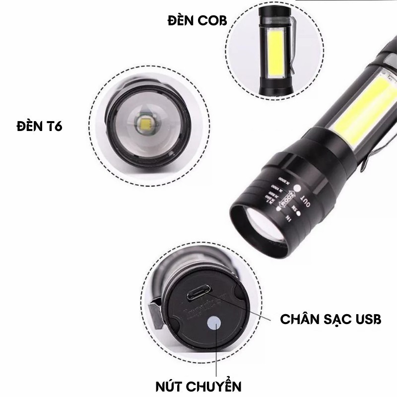 Đèn pin siêu sáng mini bin sạc điện usb bóng led xpe cob có zoom chống nước cầm tay chuyên dụng