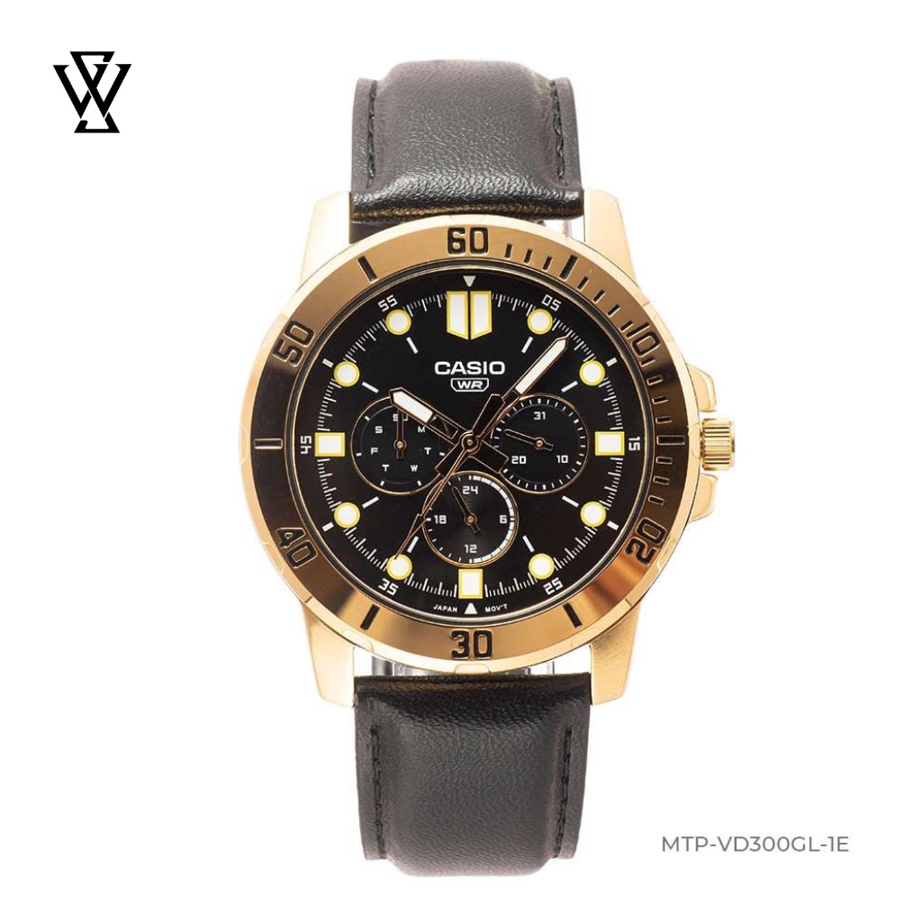 Đồng Hồ Quartz Nam Casio WATCHSTORE MTP-VD300GL-1EUDF Mặt Kính Khoáng 45mm, Dây Da Đen Thiết Kế Sang Trọng, Hiện Đại