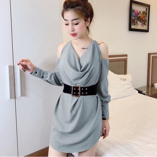 Đầm suông cổ đỗ hở vai lụa cao cấp sang chảnh