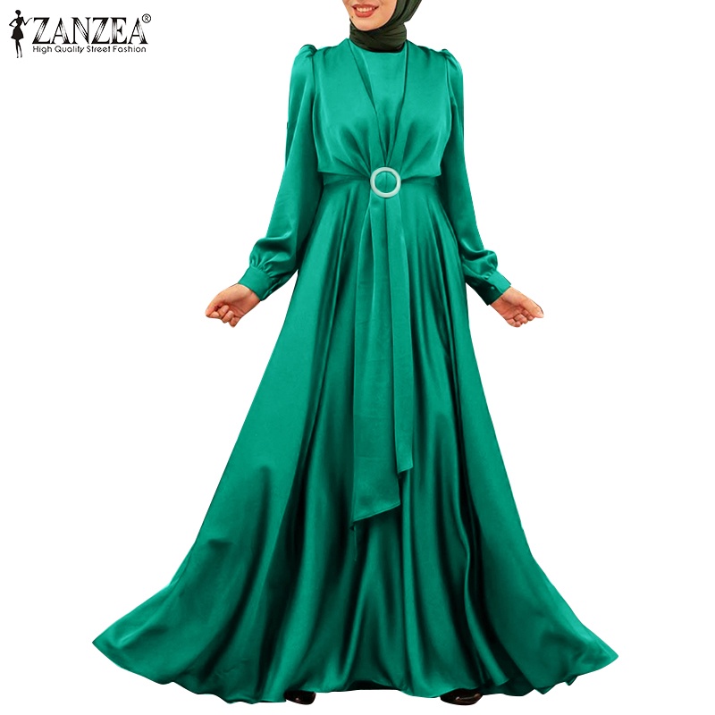 Đầm maxi ZANZEA tay dài cổ tròn màu trơn phong cách Hồi Giáo thời trang thanh lịch dành cho bạn nữ