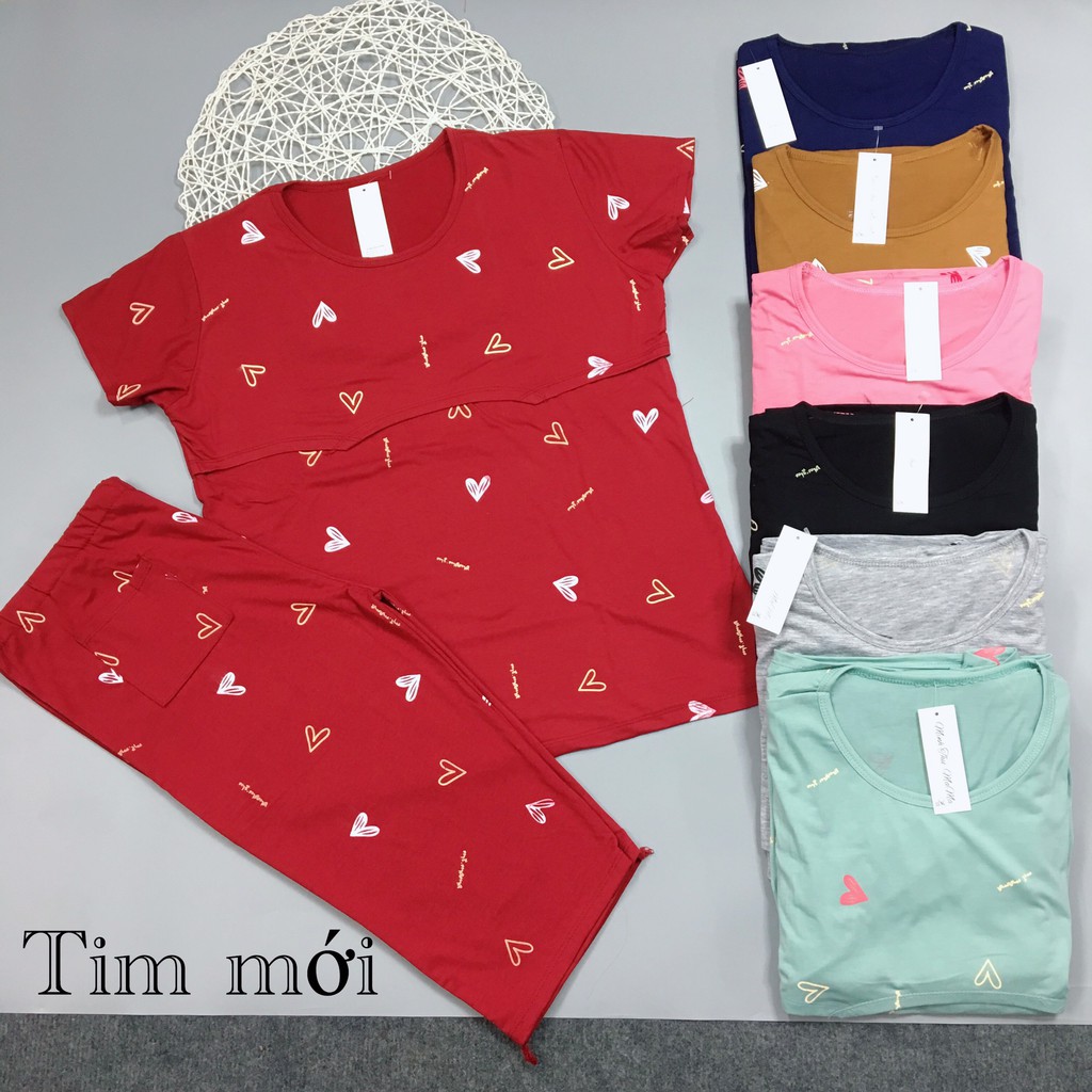 Bộ bầu và bộ sau sinh vén ngực cho con bú, Mẫu TIM MỚI chất cotton mềm mịn cho mẹ bầu mặc nhà Thu Đông