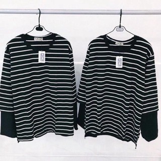 Áo thun tay dài form rộng unisex - sweater sọc dệt 2 ống tay tuan73