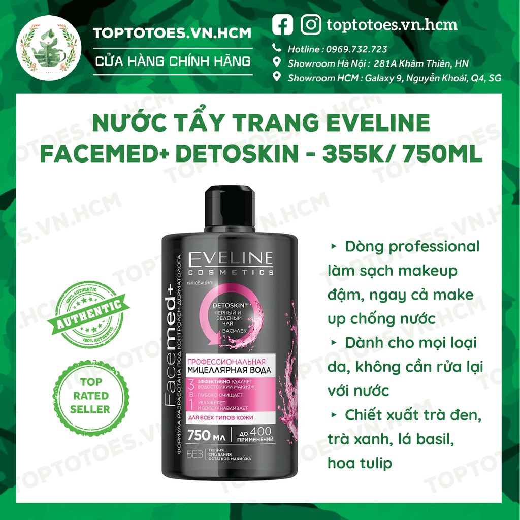 Nước tẩy trang Eveline Facemed+ Detoskin lành tính, tẩy sạch hiệu quả cả lớp makeup đậm