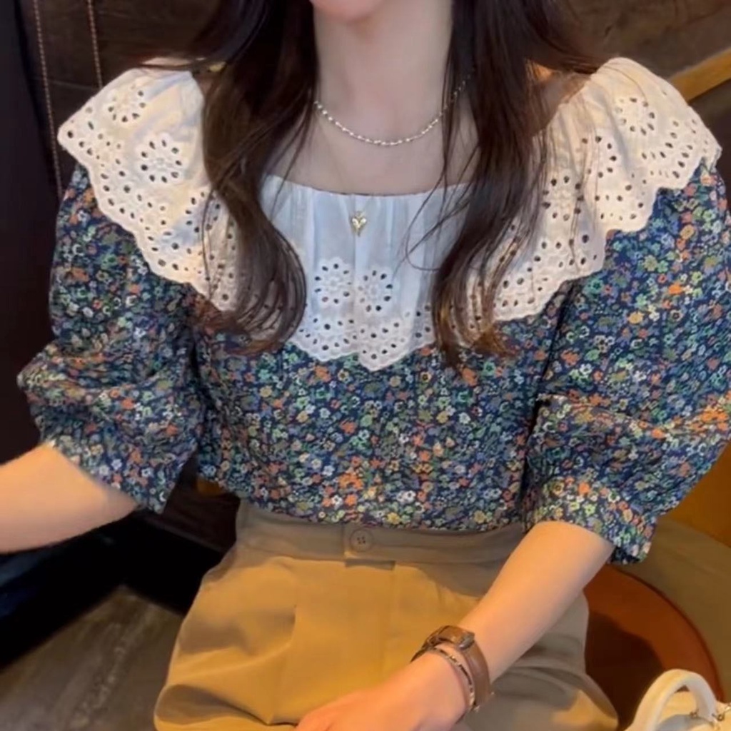 SUXI Áo Kiểu Cổ Tròn Dáng Ôm In Họa Tiết Hoa Phong Cách Vintage Thời Trang Mùa Hè Xinh Xắn Cho Nữ