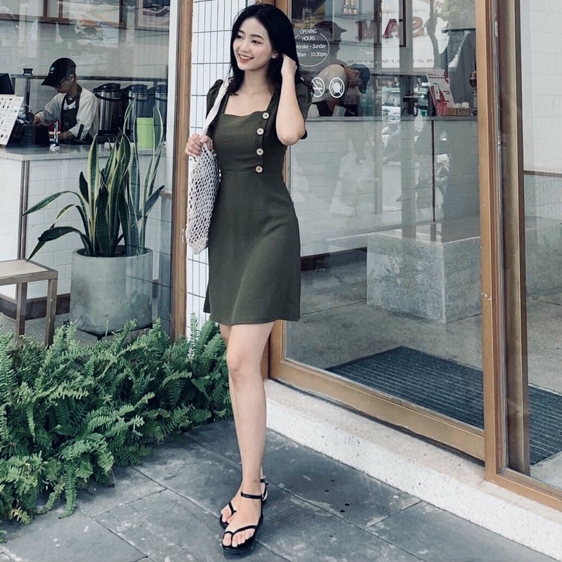 Đầm váy cổ vuông nút dừa 3 màu xuongvnxk