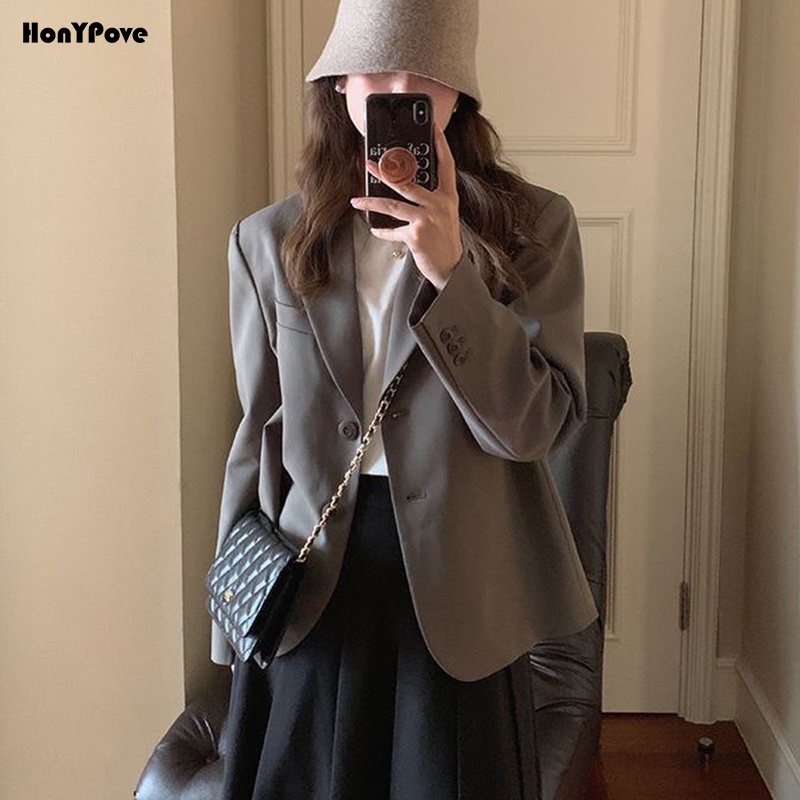 Honypove Áo khoác blazer dáng ngắn thời trang xuân thu cho nữ