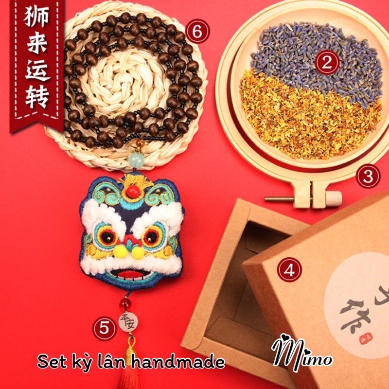 [ Sẵn hàng] Bộ Kit tự thêu túi thơm hình đầu lân DIY sẵn 2 màu đỏ xanh Túi gấm tự thêu handmade