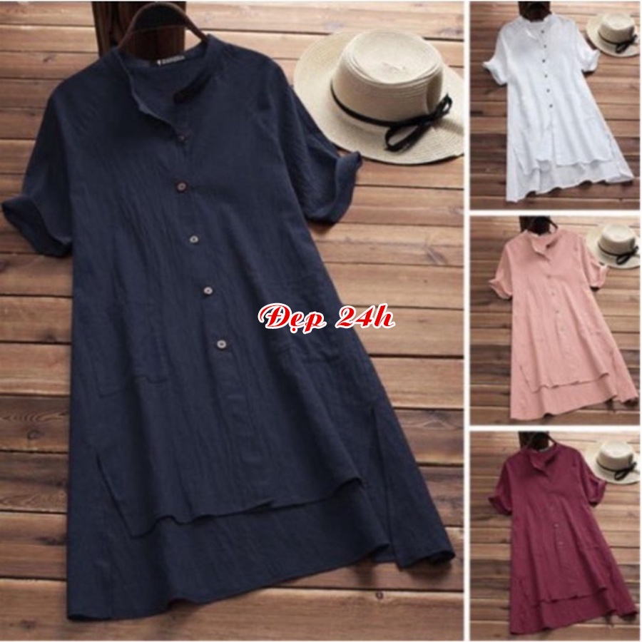 Sơ mi váy sang chảnh Đẹp 24 giờ áo kiểu nữ form dài rộng giấu quần chất liệu đũi Quảng Châu siêu xinh H.35