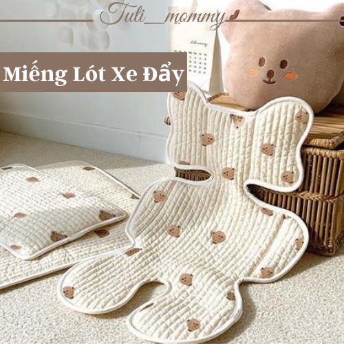 Miếng Lót Xe Đẩy Hoạ Tiết Gấu Thêu Chất Cotton Mềm Cho Bé