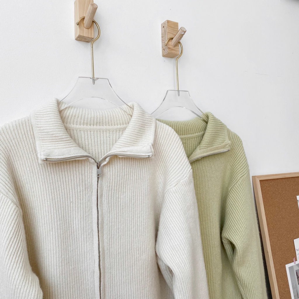 Áo khoác cardigan cổ lật dây kem LENCLOTHING 8337