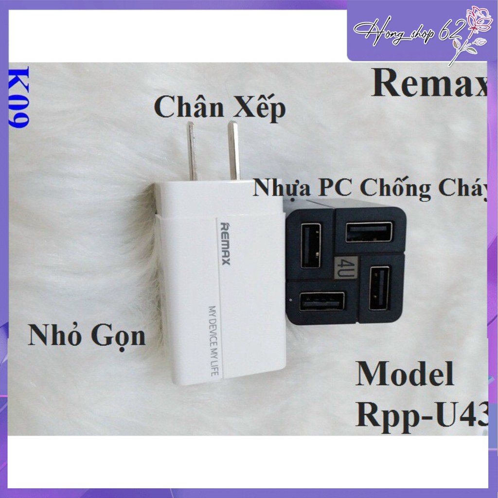 Cốc sạc Củ sạc REMAX RP-U43 nhanh 4 cổng CHỐNG CHÁY NỔ 3.4A - SẠC NHANH Quick Charge 3.4A