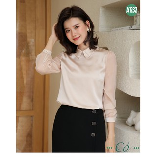 Áo sơ mi satin lụa tay phối voan - A1232