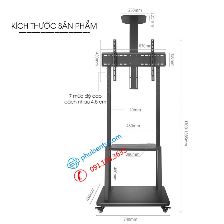 Giá Treo Tivi Di Động ErgoTek E1900 32 - 70 Inch Cột Treo Tivi Có Bánh Xe Chuyên Dụng