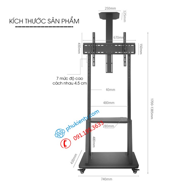 Giá Treo Tivi Di Động 1700 32 - 43 - 50 - 55 - 65 - 70 Inch Cột Treo Tivi Có Bánh Xe Chuyên Dụng Ưu Việt Hơn NB AVA1500