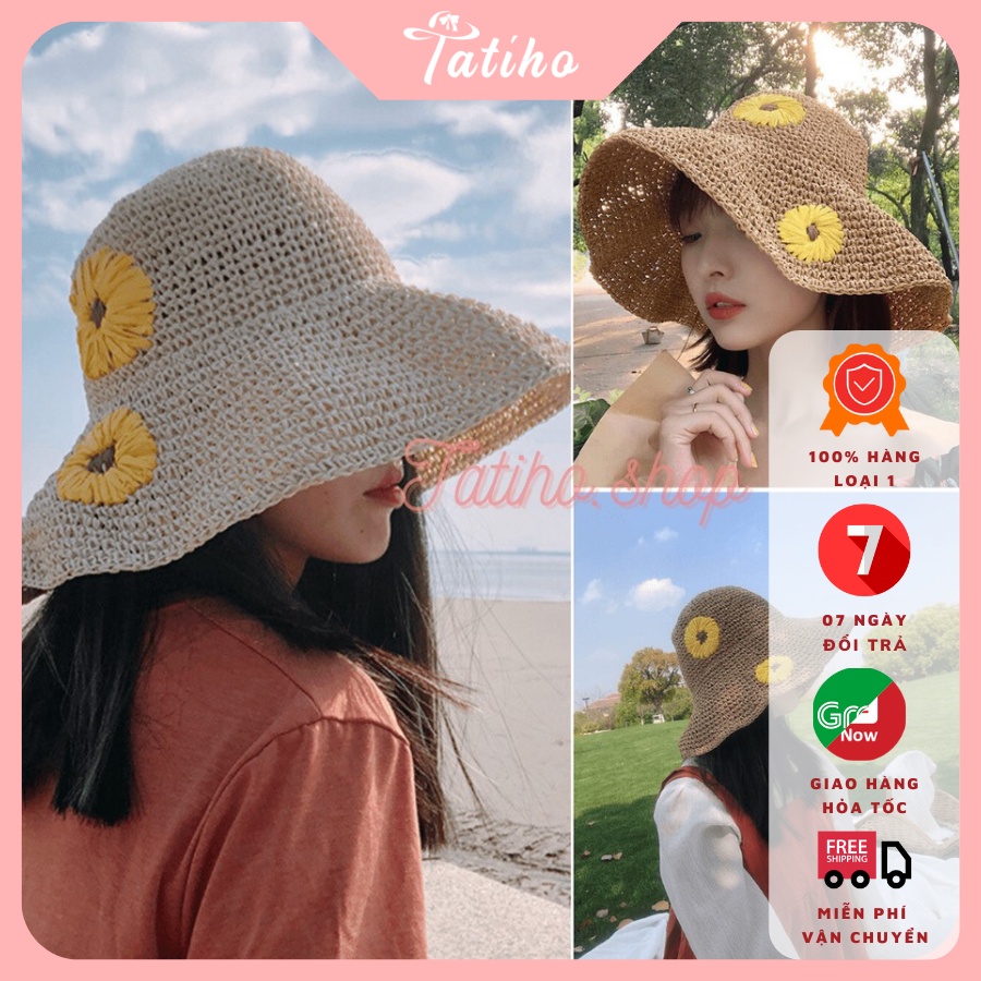 Nón Cói, Mũ Cói Mềm Trơn Phối Bông Cúc Che Nắng Đi Biển Thời Trang Hàn Quốc - Mã NC010