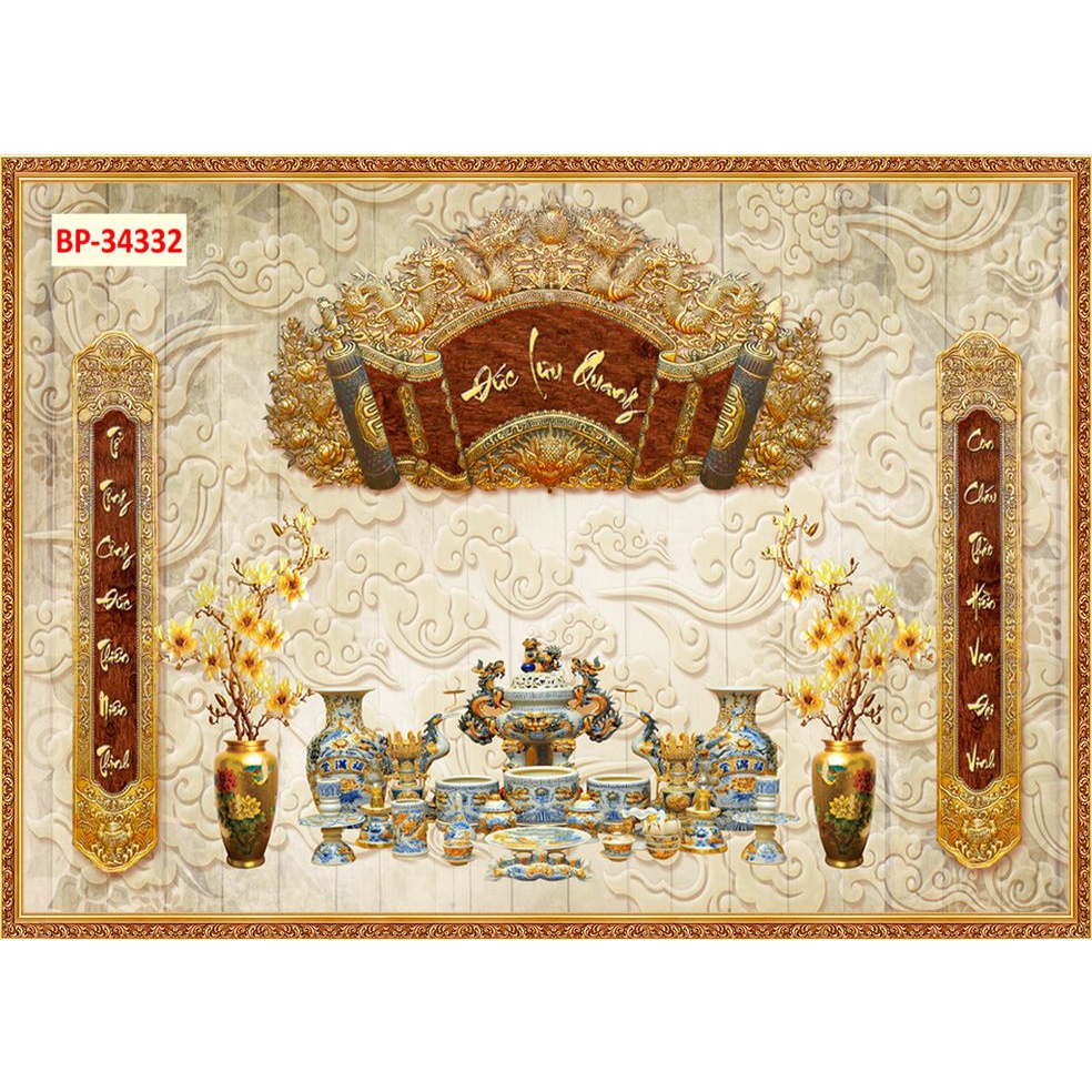 Tranh Vải Lụa Phủ Bóng Kim Sa Trang Trí Phòng Thờ Hoàng Phi Câu Đối Hoa Mai Vàng - Xưởng In THN - MS 34332