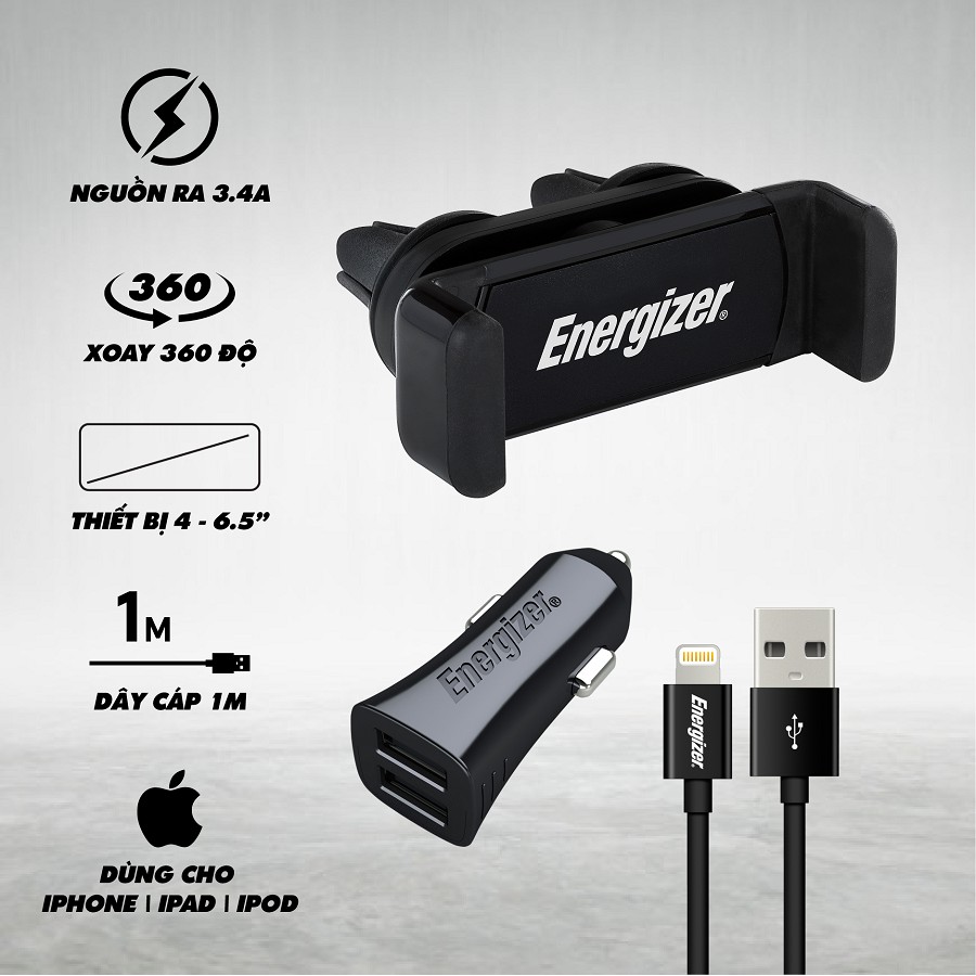 [Mã ELREHOT giảm 10% đơn 100K] Sạc xe hơi Energizer 2 cổng USB 3.4A - CKITB2CLI3. Kèm cáp Lightning và giá đỡ