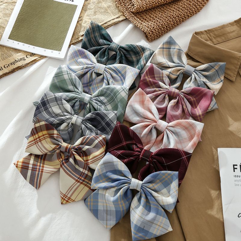 Kẹp tóc phối nơ cỡ lớn in họa tiết sọc caro chất liệu satin phong cách Nhật Bản tinh tế cho nữ