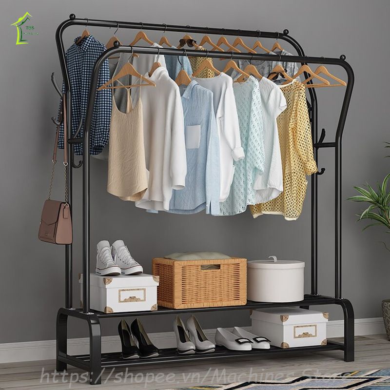 Giá Treo Quần Áo Thời Trang Cao Cấp 2 Khung 2 Tầng Tặng Kèm Móc Treo Túi Mũ Tiện Dụng