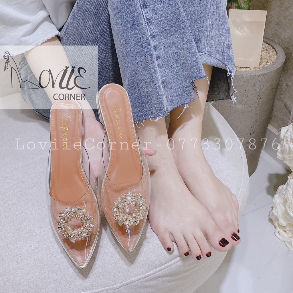 LOVIIECORNER- DÉP SỤC NỮ MŨI NHỌN QUAI TRONG ĐẾ VUÔNG 2CM ĐÍNH ĐÁ- GIÀY SỤC NỮ MŨI NHỌN ĐẾ VUÔNG 2P THỜI TRANG - D191218