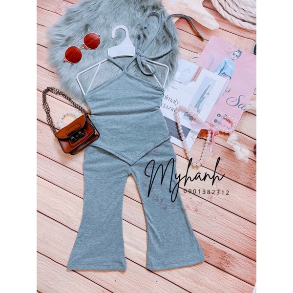 set yếm kẻ sọc xanh kèm quần loe mẫu mới cho bé gái