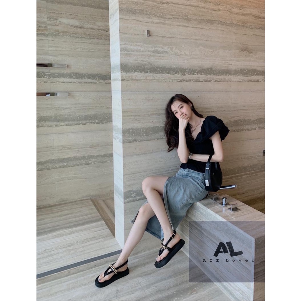 SANDAL NỮ ALI LOVER - GIÀY BÁNH MÌ XỎ NGÓN - SANDAL PHỐI XÍCH NỮ ĐẾ BẰNG DÂY MẢNH 3 PHÂN - AS220521