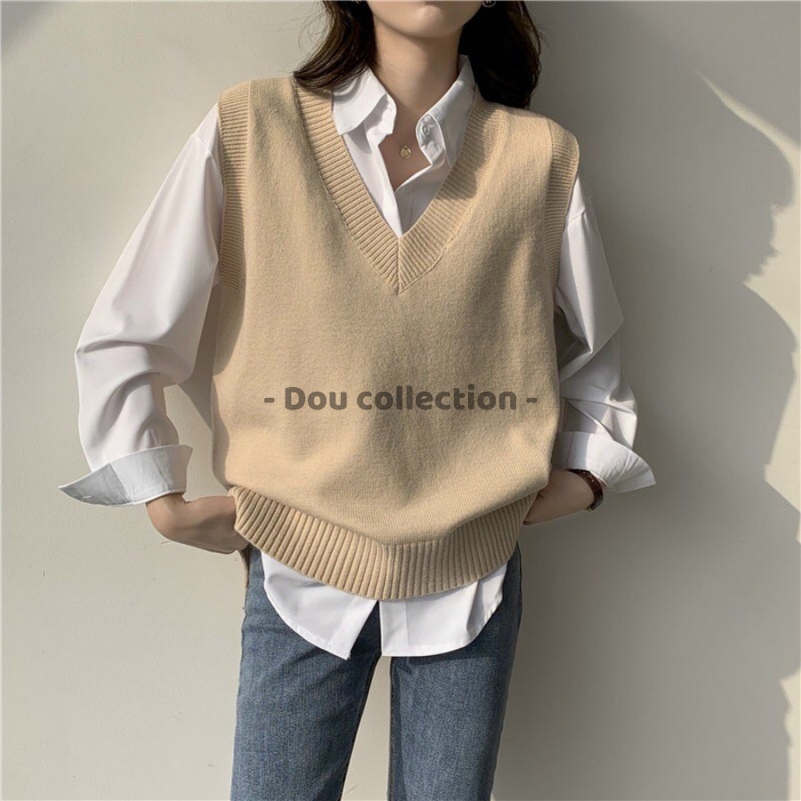 [Nowship2h] Áo Gile Len Trơn Vintage Áo Len Không Tay Cổ V Cá Tính Phong Cách Hàn Quốc Thời Trang Thu Đông - Mã TA004