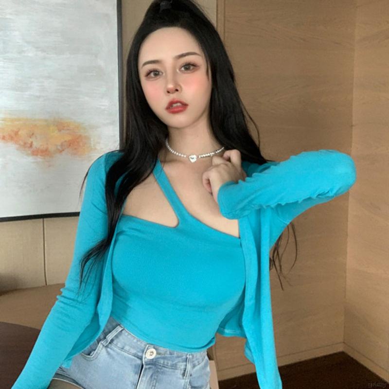 Bộ áo cardigan dài tay và crop top ngắn màu đơn giản dáng mỏng Hàn Quốc cho nữ