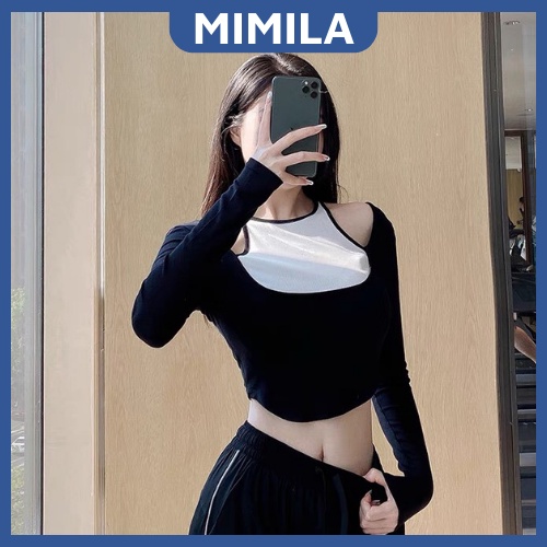 Áo Thun Dài Tay MIMILA Áo Croptop Cổ Yếm Khoét Vai Nhiều Màu Thiết Kế Thời Trang Phong Cách Cá Tính - RA075