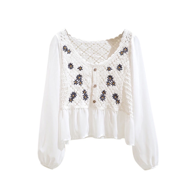 NUZIRO  Áo cardigan  vải voan đan móc thêu hình dệt tay phồng phong cách Hàn Quốc cho nữ